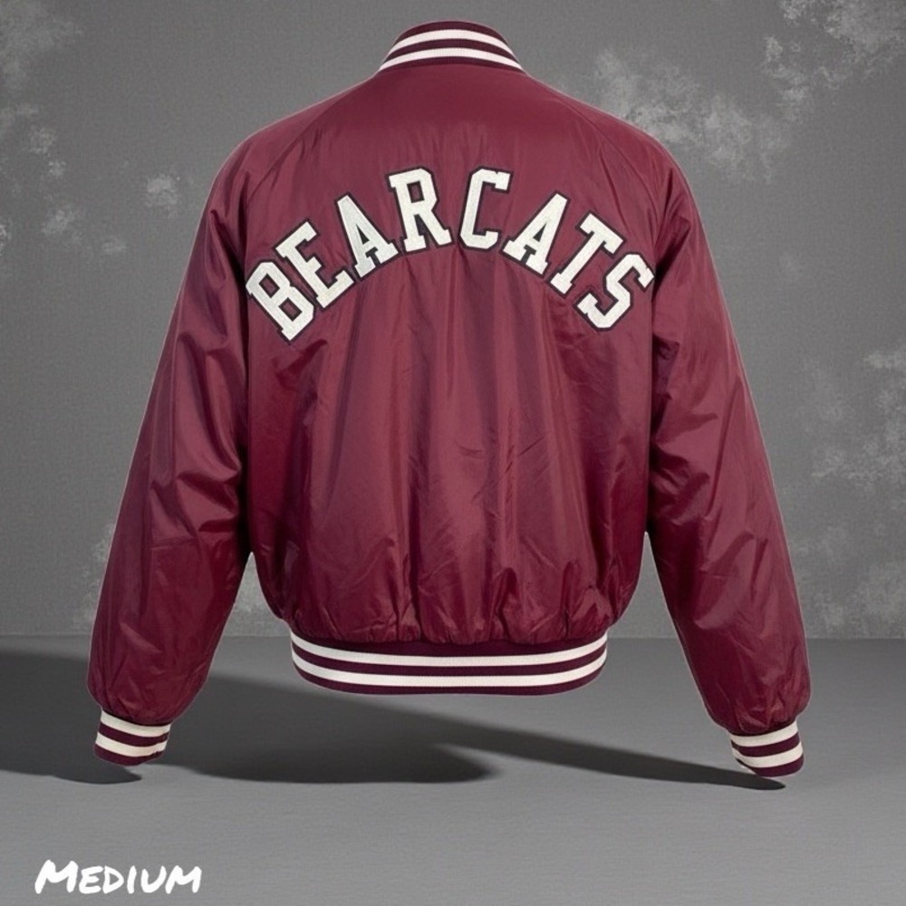 VTG 70s Bearcats Varsity Jacket Mens MED Maroon Snap Front USA Made Satin Bomber